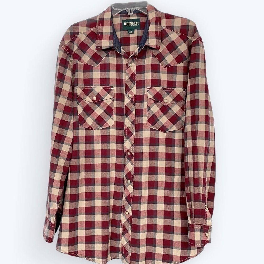 Outdoor Life 100% Cotton buffalo plaid Pearl snap western shirt Large camping